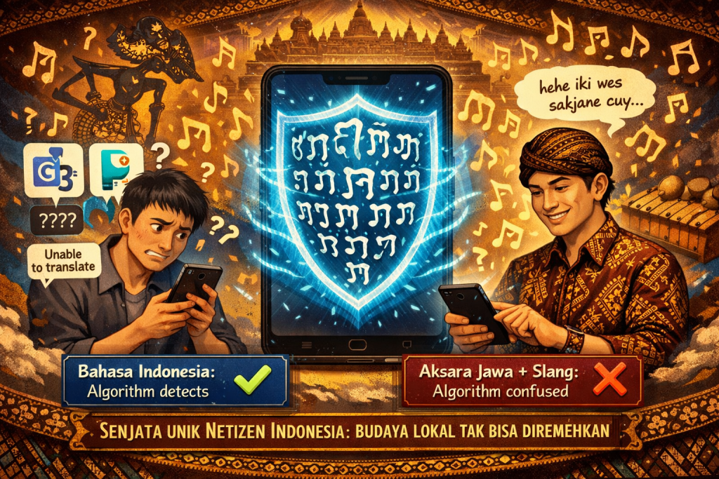 Ilustrasi senjata unik netizen Indonesia menggunakan Aksara Jawa Hanacaraka 
dicampur bahasa slang yang tidak bisa diterjemahkan Google Translate dan Papago 
sebagai simbol kebanggaan budaya lokal dalam cyber war SEAblings versus Knetz