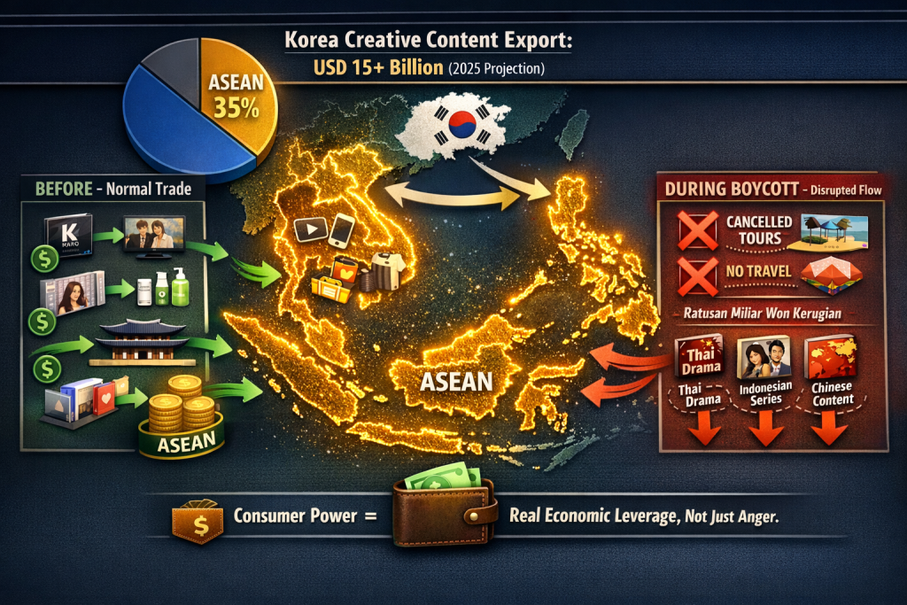 Infografis kekuatan ekonomi pasar ASEAN terhadap industri Korea senilai USD 15 
miliar ekspor konten menunjukkan dampak nyata boikot SEAblings dengan kerugian 
ratusan miliar won pariwisata menurut Pemerintah Korea dan Menteri Choi Huiyung