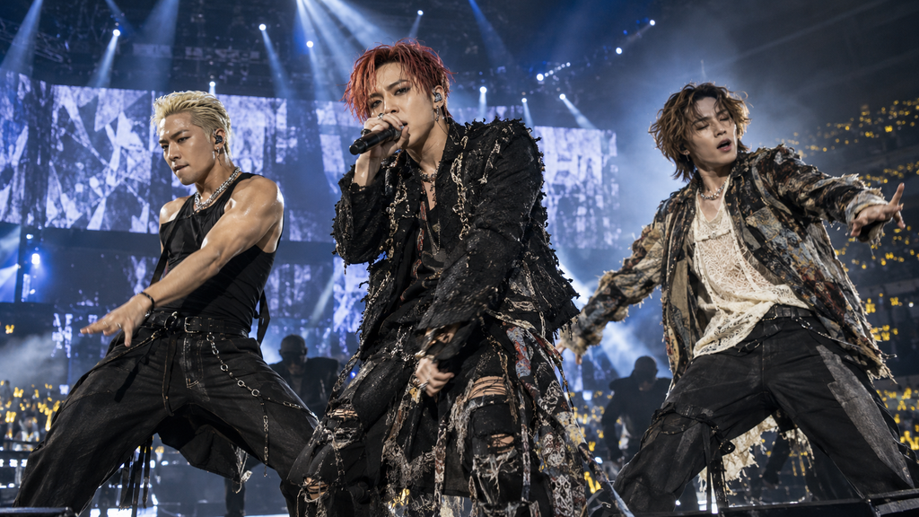 Taeyang BIGBANG Sempat Cemas Asap Halangi Wajah Fans di Singapura 8 Tiga personel BIGBANG (G-Dragon, Taeyang, Daesung) tampil energik bersama di atas panggung dalam tur perayaan 20 tahun mereka.