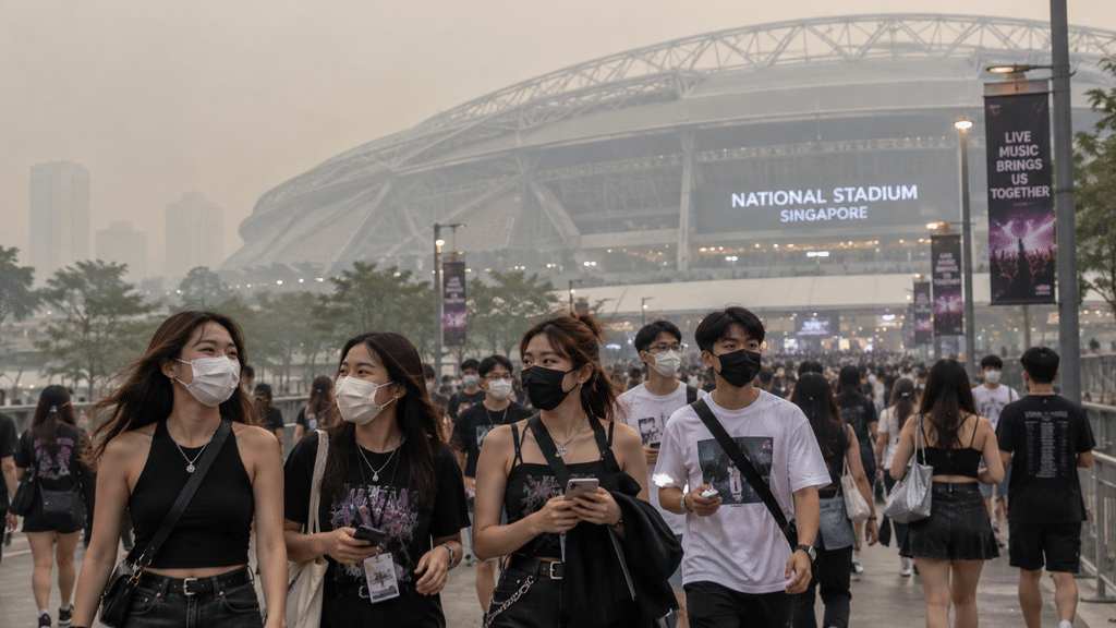 Taeyang BIGBANG Sempat Cemas Asap Halangi Wajah Fans di Singapura 4 Sekelompok penggemar K-pop berjalan menuju National Stadium Singapura mengenakan masker akibat kabut asap karhutla.