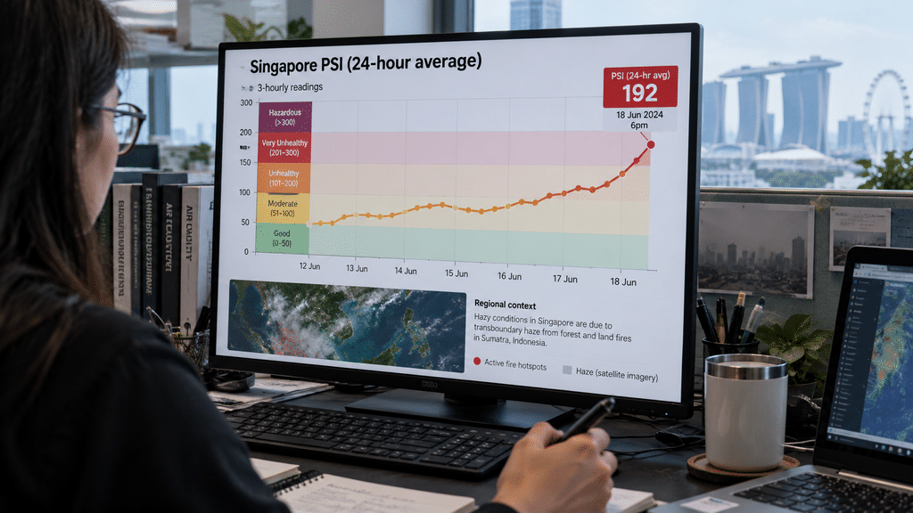 Taeyang BIGBANG Sempat Cemas Asap Halangi Wajah Fans di Singapura 5 Layar monitor komputer menampilkan grafik lonjakan indeks PSI kualitas udara Singapura dari data National Environment Agency (NEA).